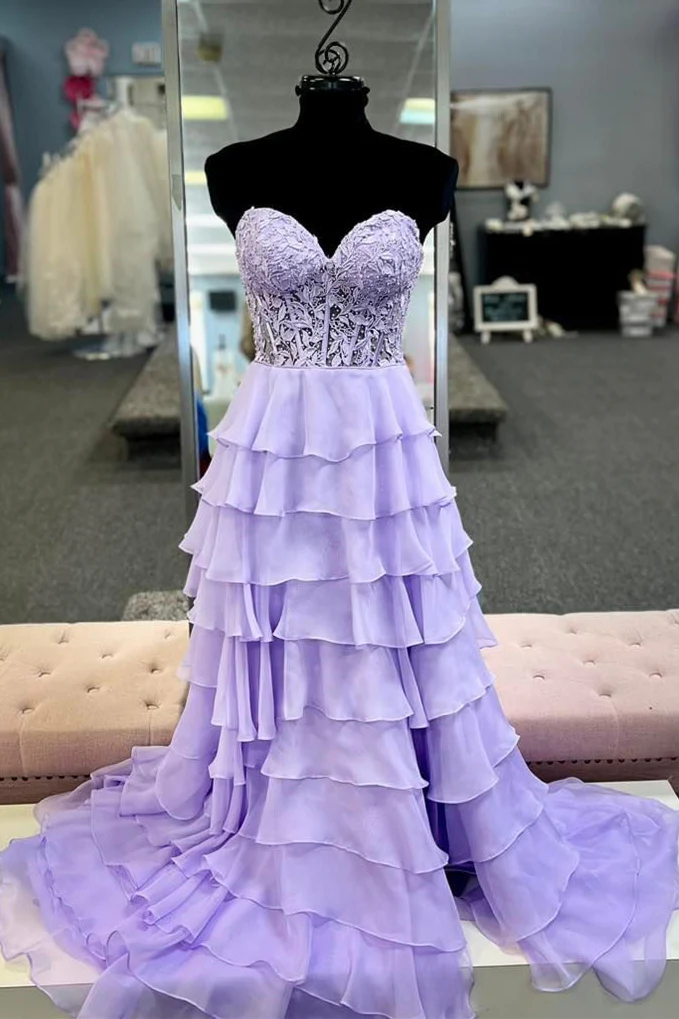LP1787 - Semi-Sweetheart Strapless Appliques Tiered A-Line Prom Dress