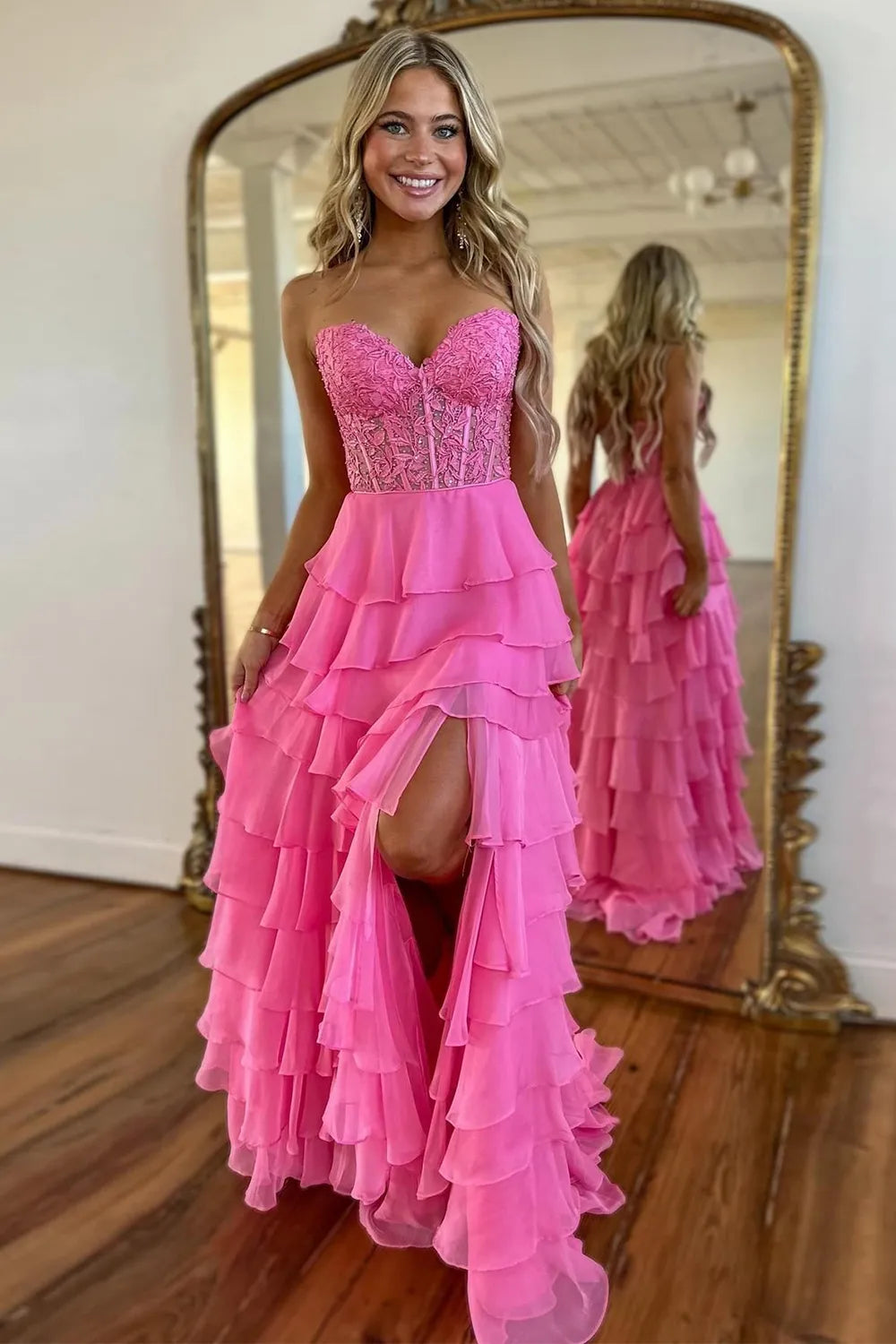 LP1787 - Semi-Sweetheart Strapless Appliques Tiered A-Line Prom Dress