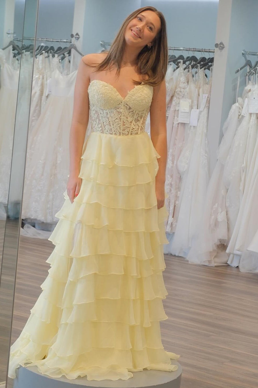 LP1787 - Semi-Sweetheart Strapless Appliques Tiered A-Line Prom Dress