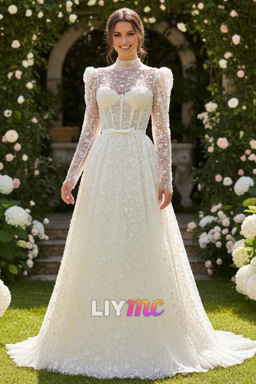 High Neck Appliques Beaded Embroidery A-Line Wedding Dress