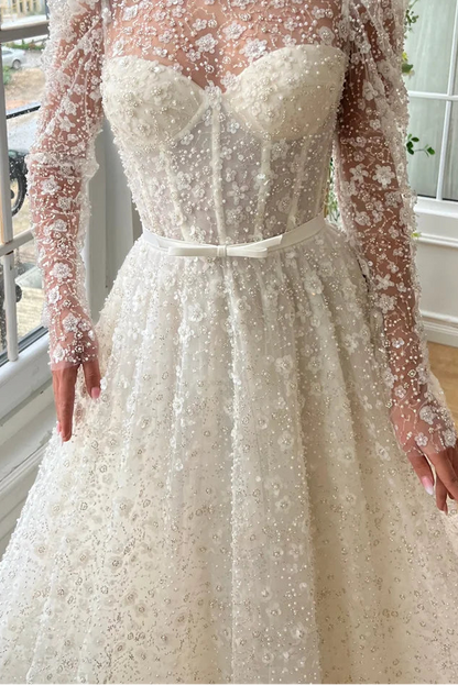 High Neck Appliques Beaded Embroidery A-Line Wedding Dress