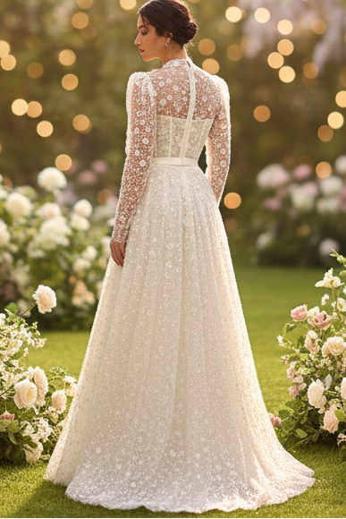 High Neck Appliques Beaded Embroidery A-Line Wedding Dress