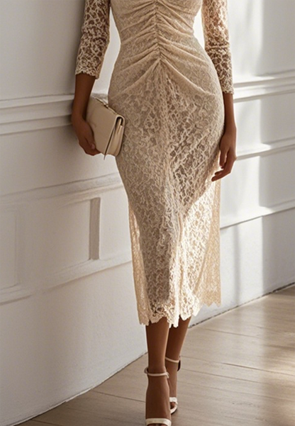 Apricot Shirred Lace V Neck Three Quarter Sleeve Sheath Midi Dress