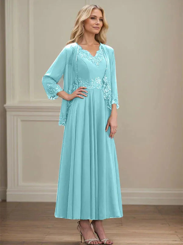 A-line V-Neck Ankle-Length Chiffon Mother of the Bride Dress With Sequins Appliques Lace Beading