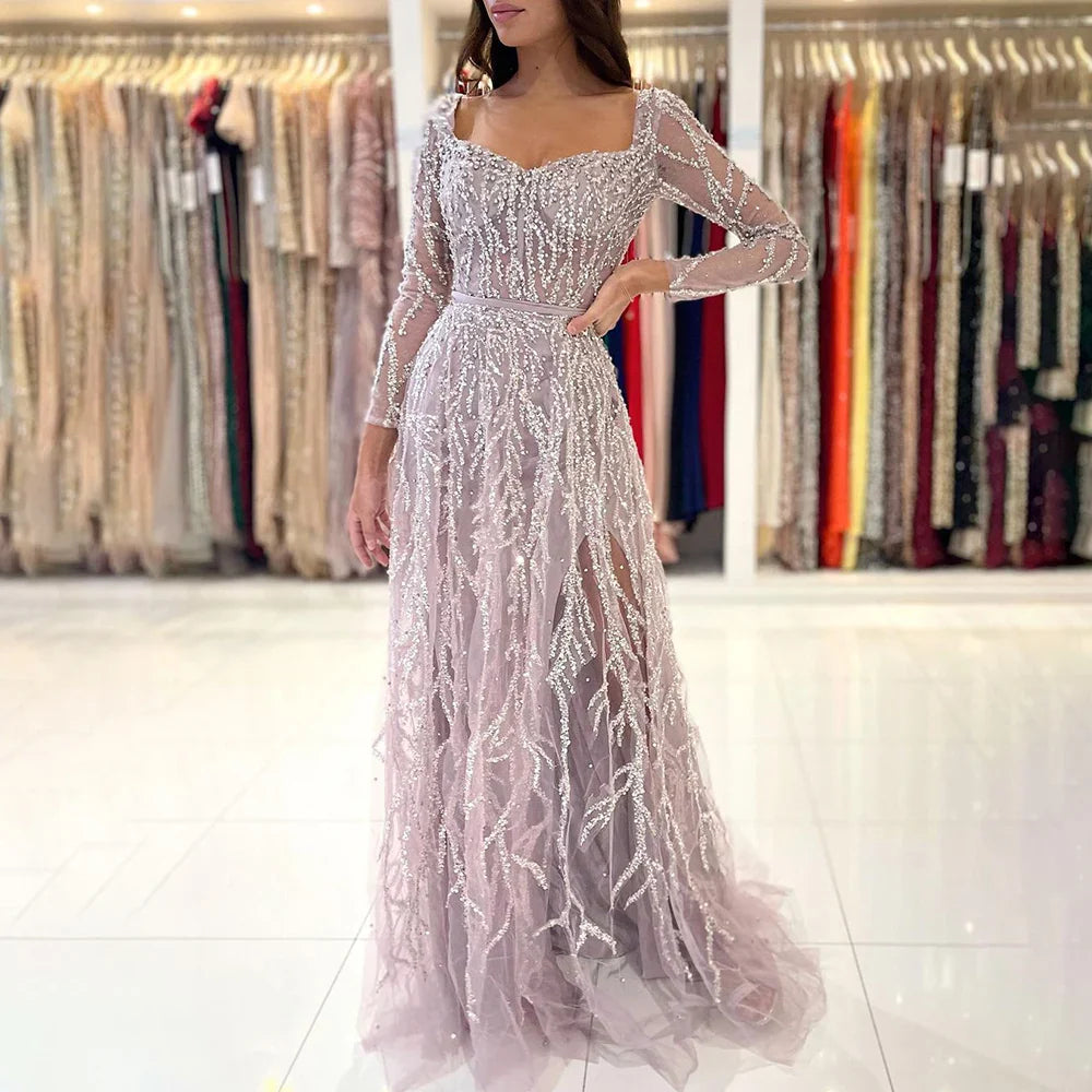 Arabic Pink High Split Beaded Luxury Dubai Long Evening Dresses Gowns For Women Wedding Party