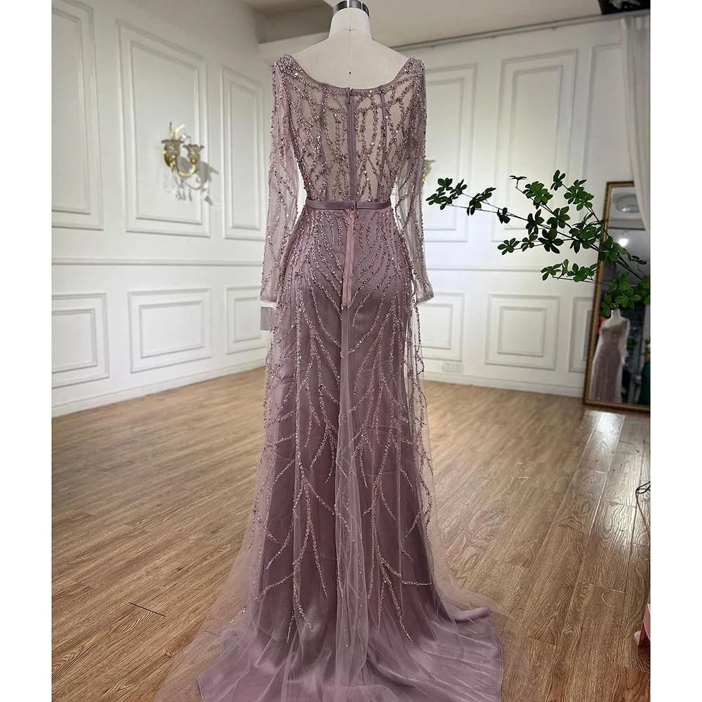 Arabic Pink High Split Beaded Luxury Dubai Long Evening Dresses Gowns For Women Wedding Party