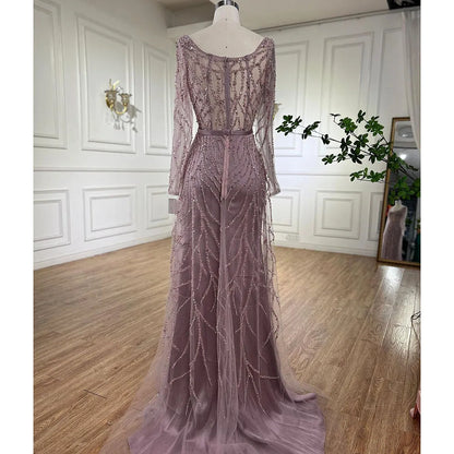 Arabic Pink High Split Beaded Luxury Dubai Long Evening Dresses Gowns For Women Wedding Party