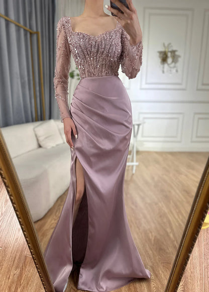 Arabic Pink High Split Beaded Luxury Dubai Long Evening Dresses Gowns For Women Wedding Party