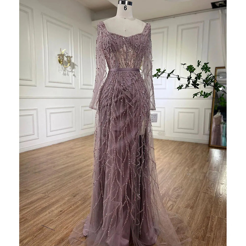 Arabic Pink High Split Beaded Luxury Dubai Long Evening Dresses Gowns For Women Wedding Party
