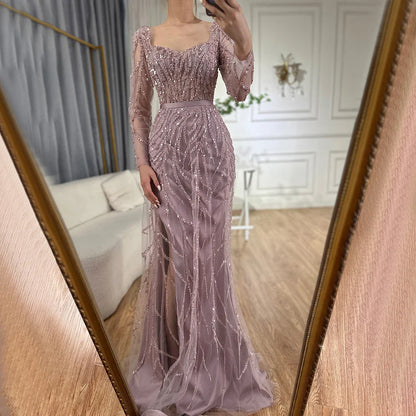Arabic Pink High Split Beaded Luxury Dubai Long Evening Dresses Gowns For Women Wedding Party