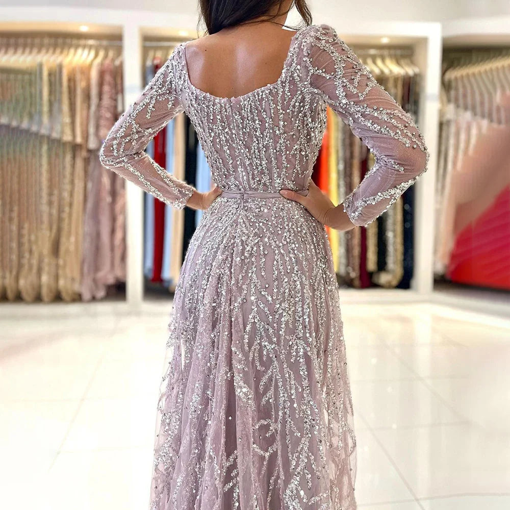 Arabic Pink High Split Beaded Luxury Dubai Long Evening Dresses Gowns For Women Wedding Party