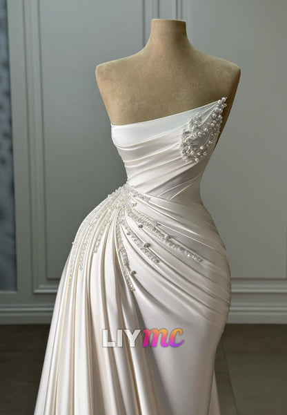Asymmetrical Pleated Sleeveless Pearl Mermaid Wedding Dress