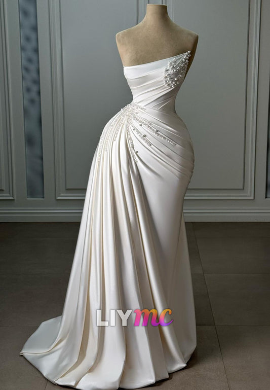 Asymmetrical Pleated Sleeveless Pearl Mermaid Wedding Dress