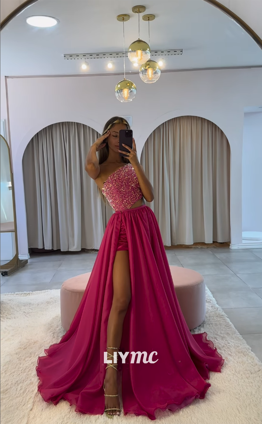 LP1254 - Asymmetric Sequins Draped Two-Piece Long Prom Dresses