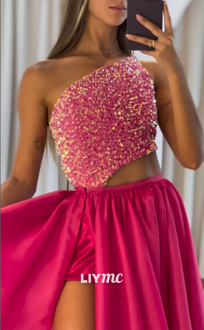 LP1254 - Asymmetric Sequins Draped Two-Piece Long Prom Dresses