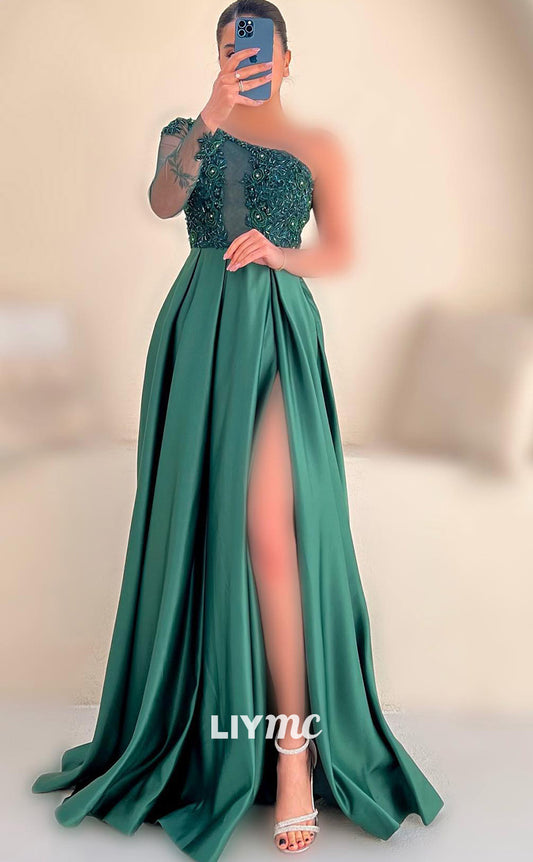 LP1809 - Asymmetrical Appliques High Waist Sleek Pleated Satin A-Line Prom Dress