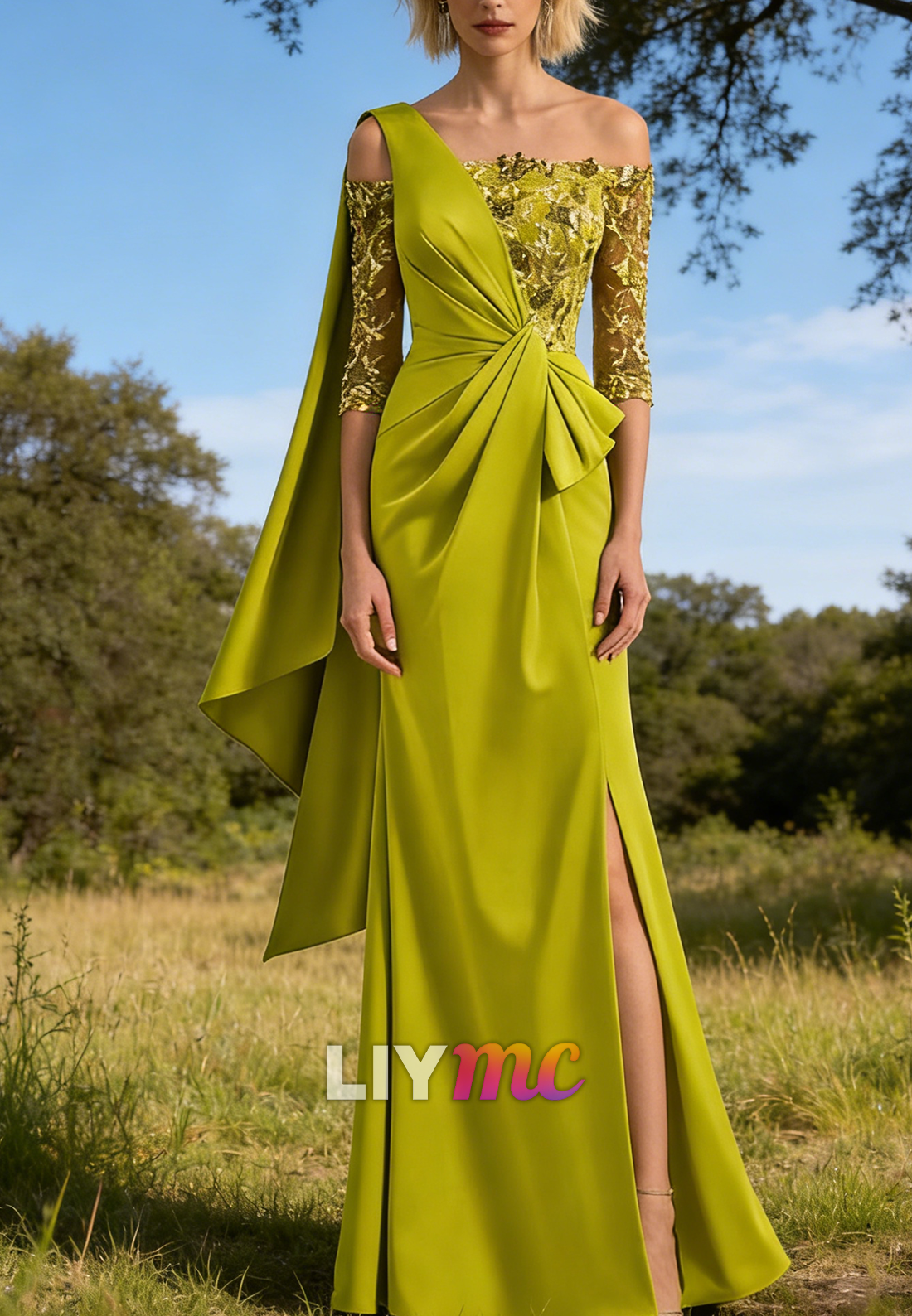 Asymmetrical Appliques Long Sleeves Sheath Mother of Bride Dress