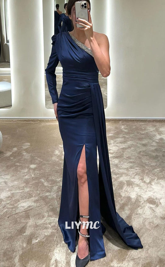 LP1836 - Asymmetrical Beaded Sleek Ruched Satin High Slit Sexy Prom Dress