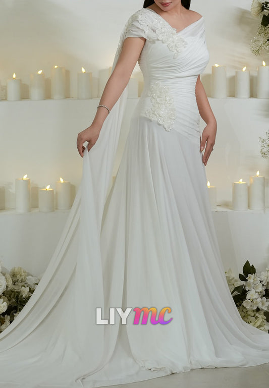 Asymmetrical Cap Sleeves Appliques Pleated A-Line Wedding Dress