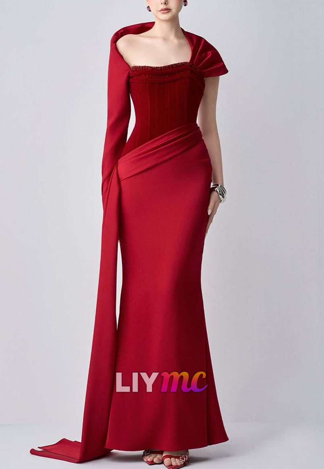 Asymmetrical Cap Sleeves Red Mermaid Evening Dress