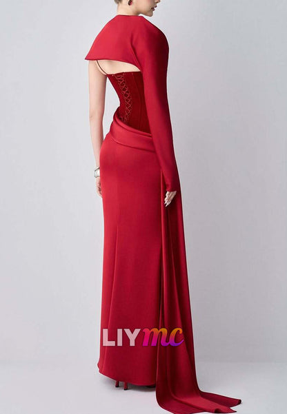 Asymmetrical Cap Sleeves Red Mermaid Evening Dress