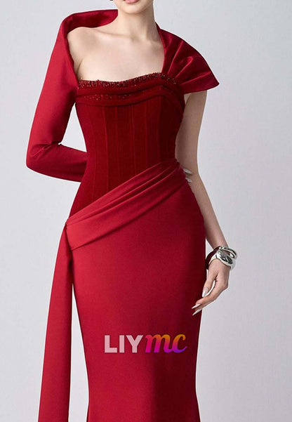 Asymmetrical Cap Sleeves Red Mermaid Evening Dress