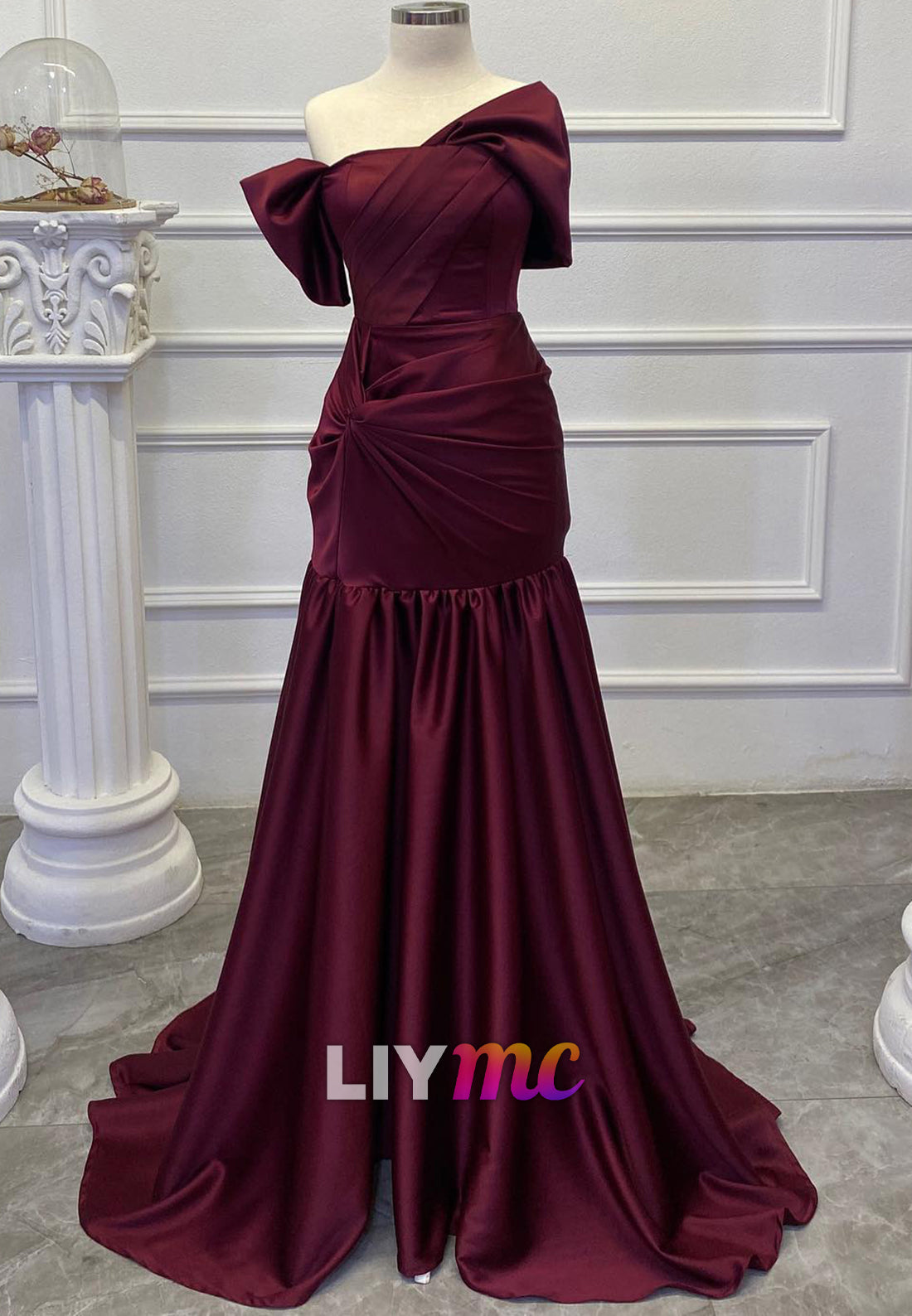 Asymmetrical Cap Sleeves Ruched Pleated A-Line Evening Dress