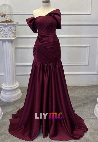 Asymmetrical Cap Sleeves Ruched Pleated A-Line Evening Dress