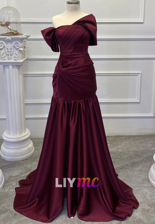 Asymmetrical Cap Sleeves Ruched Pleated A-Line Evening Dress