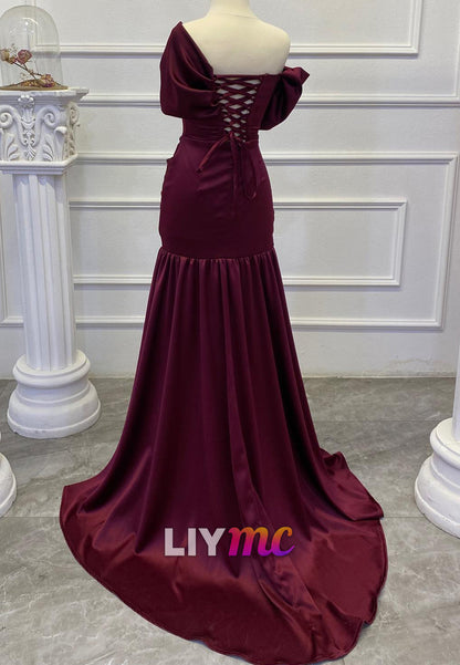 Asymmetrical Cap Sleeves Ruched Pleated A-Line Evening Dress