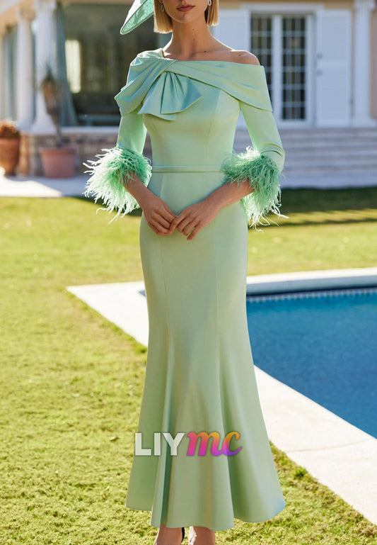 Asymmetrical Feathered Long Sleeves Mermaid Mother of Bride Dress