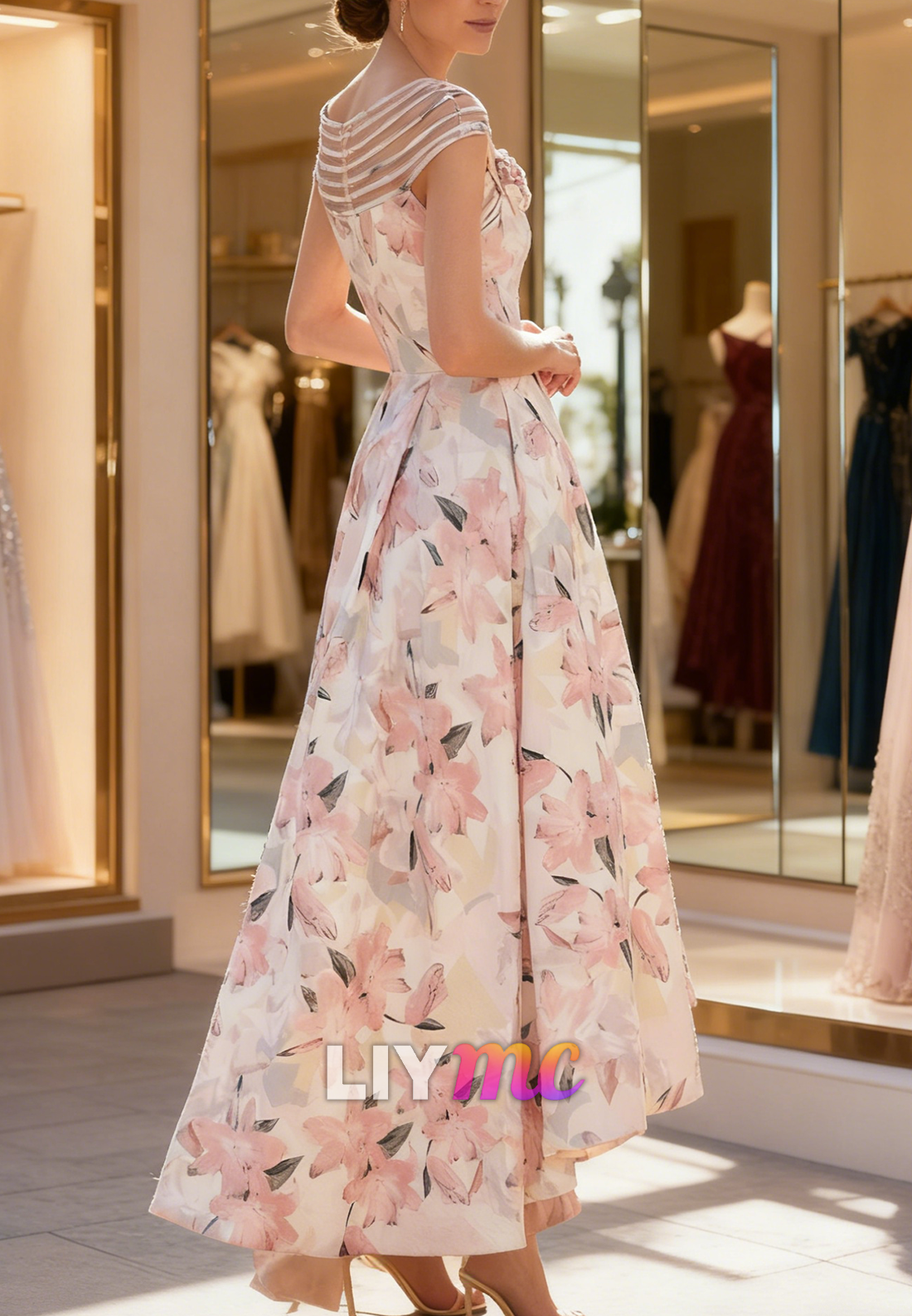 Asymmetrical Floral Printed Cap Sleeves A-Line Mother of Bride Dress