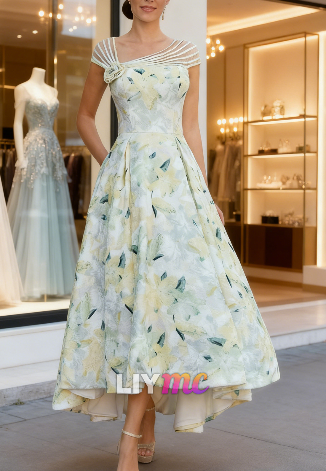 Asymmetrical Floral Printed Cap Sleeves A-Line Mother of Bride Dress