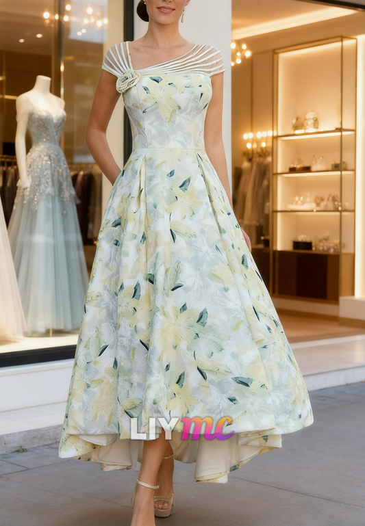 Asymmetrical Floral Printed Cap Sleeves A-Line Mother of Bride Dress