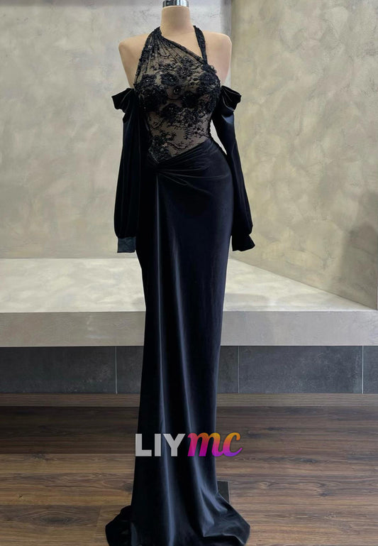 Asymmetrical Long Sleeves Appliques Ruched Mermaid Prom Dress