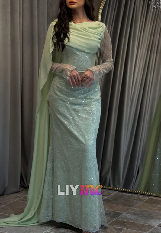 Asymmetrical Long Sleeves Appliques Sheath Formal Dress
