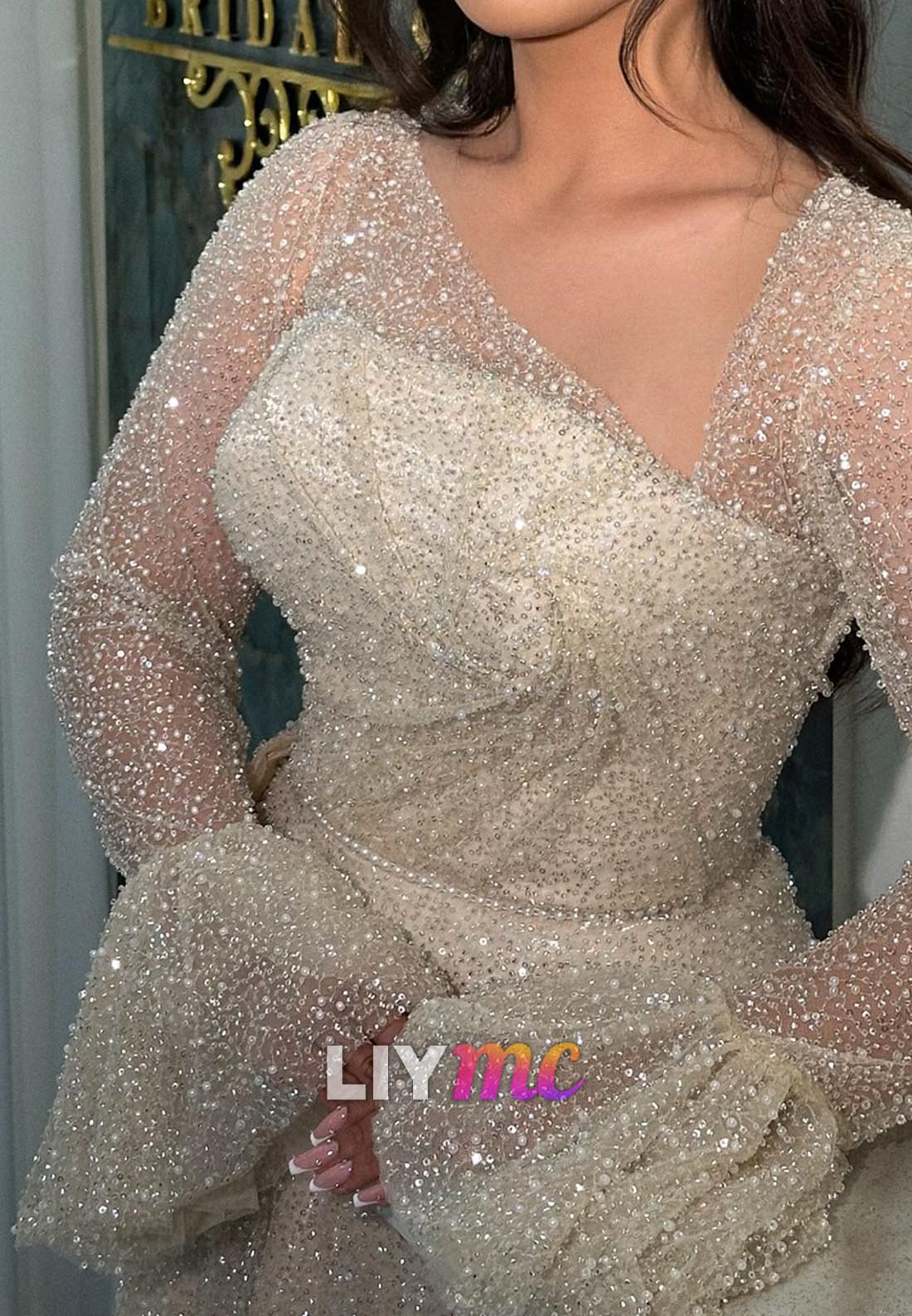 Asymmetrical Long Sleeves Beaded Embroidery A-Line Evening Dress