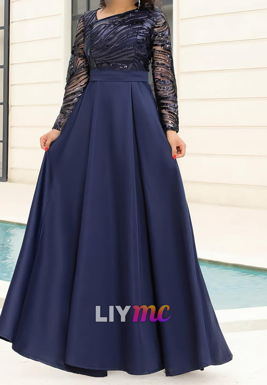 Asymmetrical Long Sleeves Beaded Embroidery A-Line Evening Dress