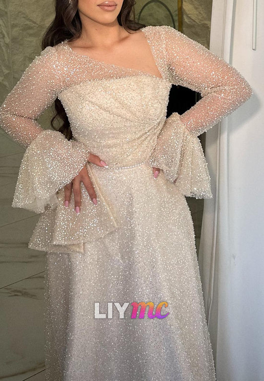 Asymmetrical Long Sleeves Beaded Embroidery A-Line Evening Dress