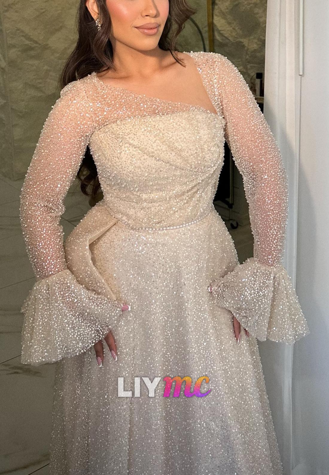 Asymmetrical Long Sleeves Beaded Embroidery A-Line Evening Dress