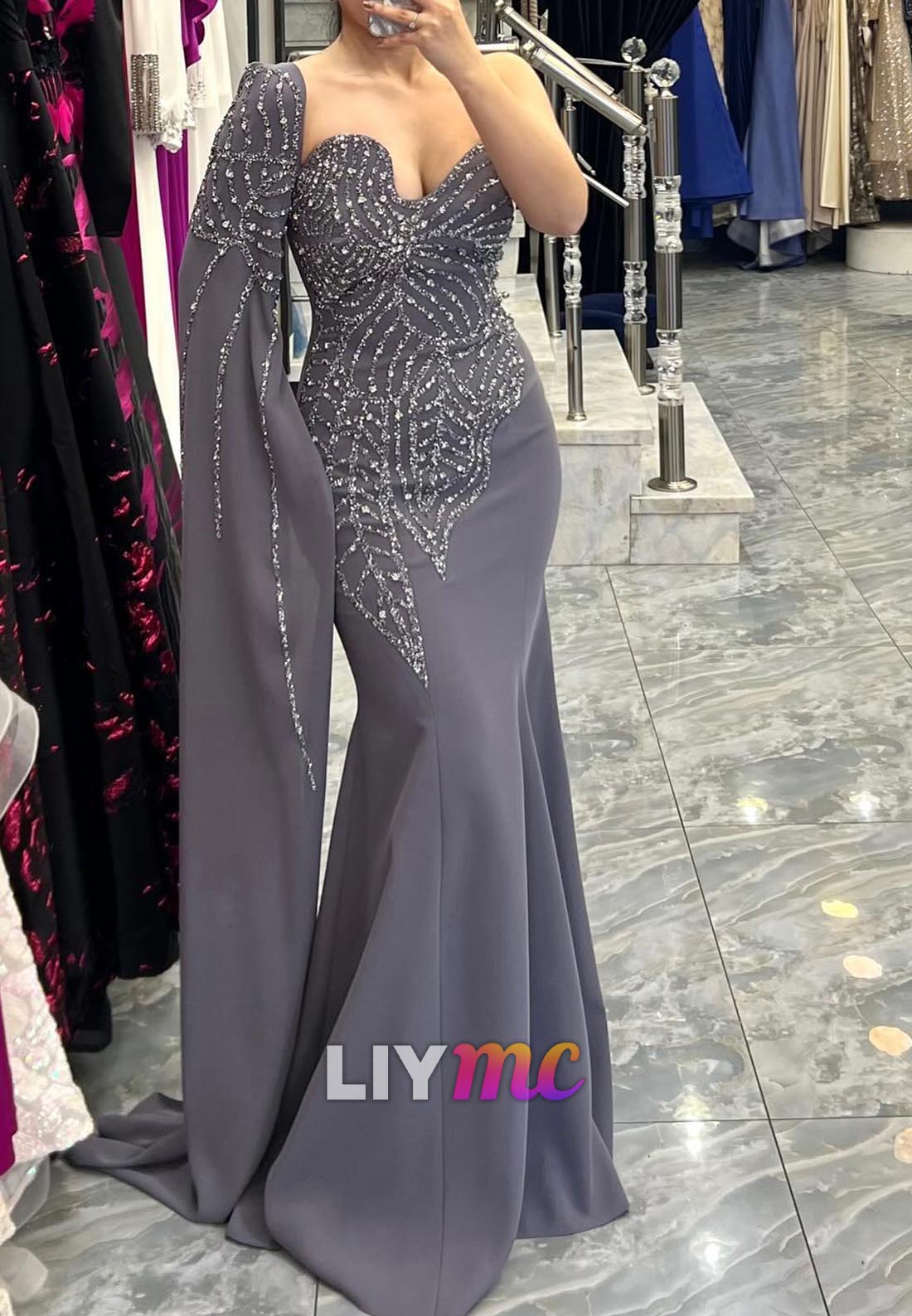 Asymmetrical Long Sleeves Beaded Mermaid Evening Dress