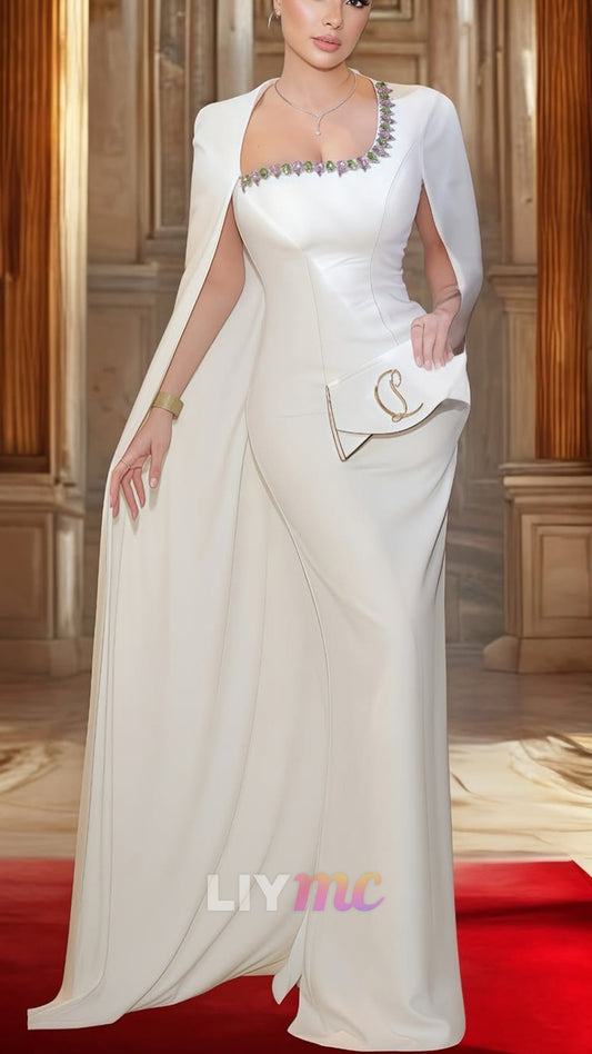 Asymmetrical Long Sleeves Beaded Mermaid Evening Dress