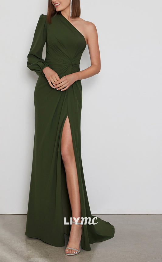 M1310 - Asymmetrical Long Sleeves High Slit Sleek Satin Mother od Bride Dress Cocktail Dress