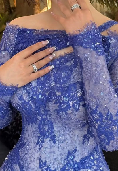 Asymmetrical Long Sleeves Lace Appliques Mermaid Evening Dress