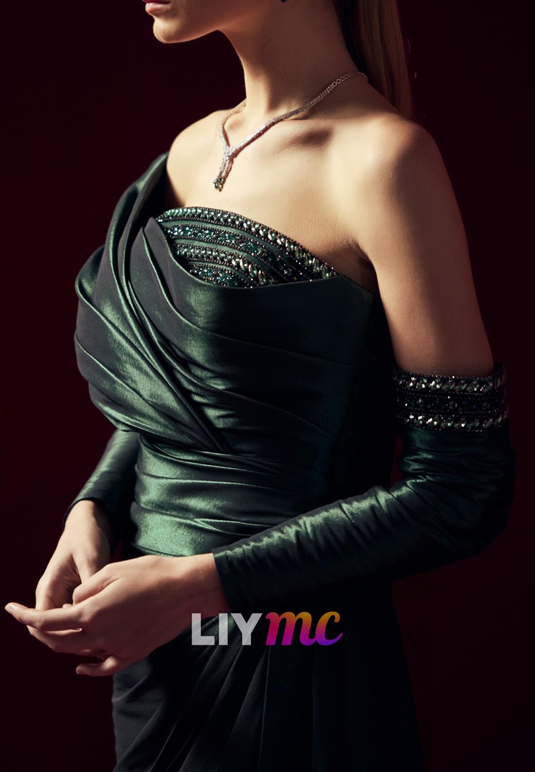 Asymmetrical Long Sleeves Pleated Beaded Sheath Evening Dress