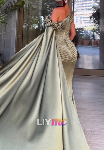 Asymmetrical Long Sleeves Pleated Floral Satin Mermaid Evening Dress