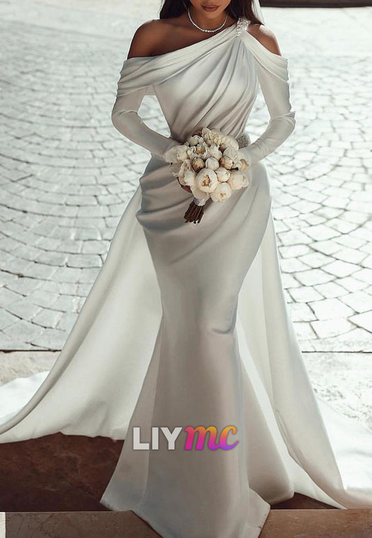 Asymmetrical Long Sleeves Pleated Mermaid Wedding Dress