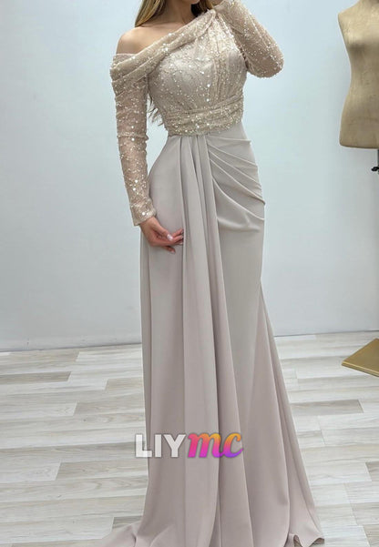Asymmetrical Long Sleeves Pleated Sheath Formal Dress