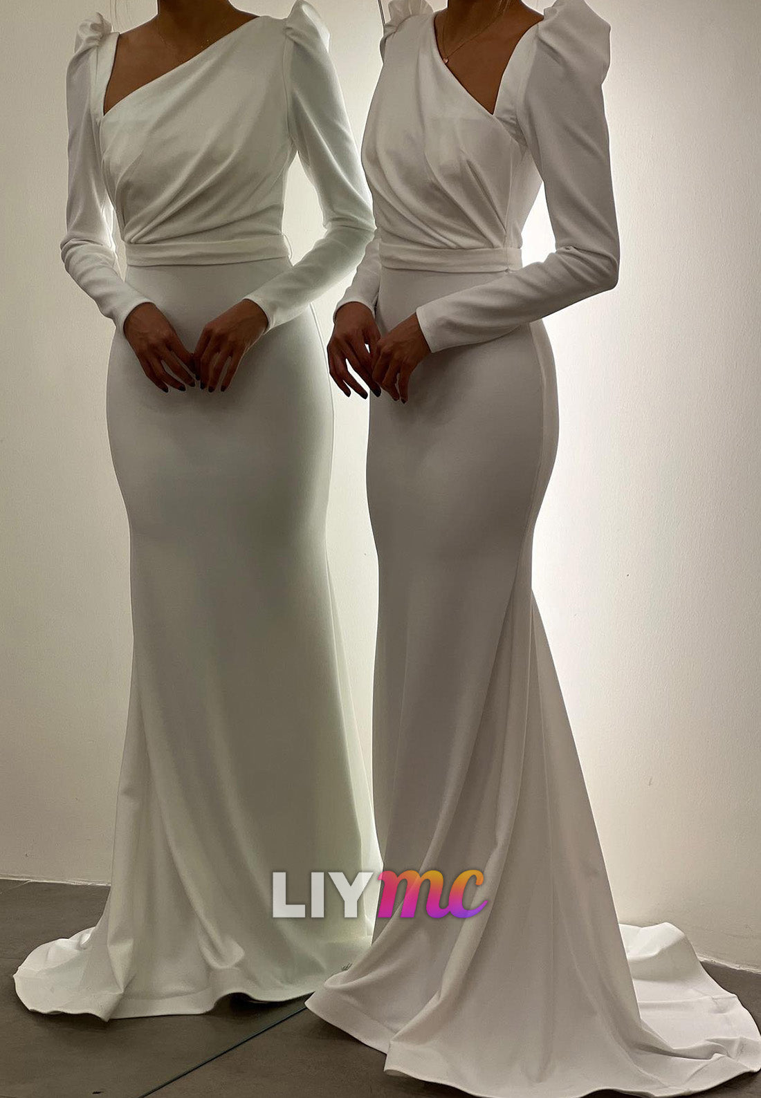 LP2269 - Asymmetrical Long Sleeves Ruched Sleek Satin Sheath Prom Dress