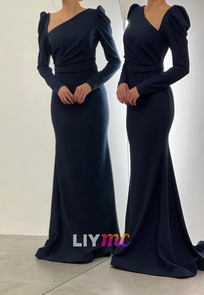 LP2269 - Asymmetrical Long Sleeves Ruched Sleek Satin Sheath Prom Dress